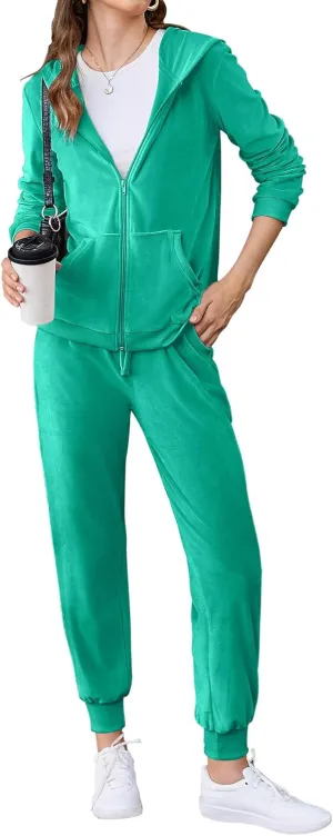HOTOUCH Womens Casual Velour Tracksuit Set Full Zipper Hoodie Workout Pants Velvet Sweatsuit Jogging Suits XS-XXL