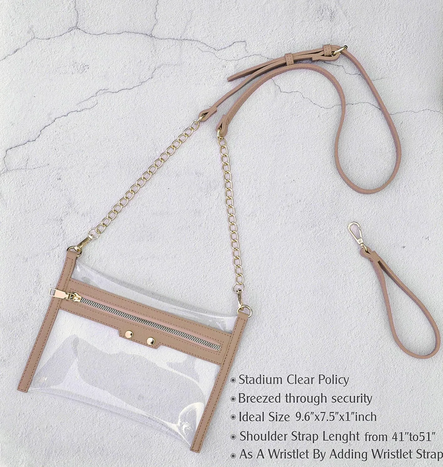 HOXIS Clear Zipper Purse Stadium Approved Women Chain Crossbody Bag Convertible Wristlet Clutch