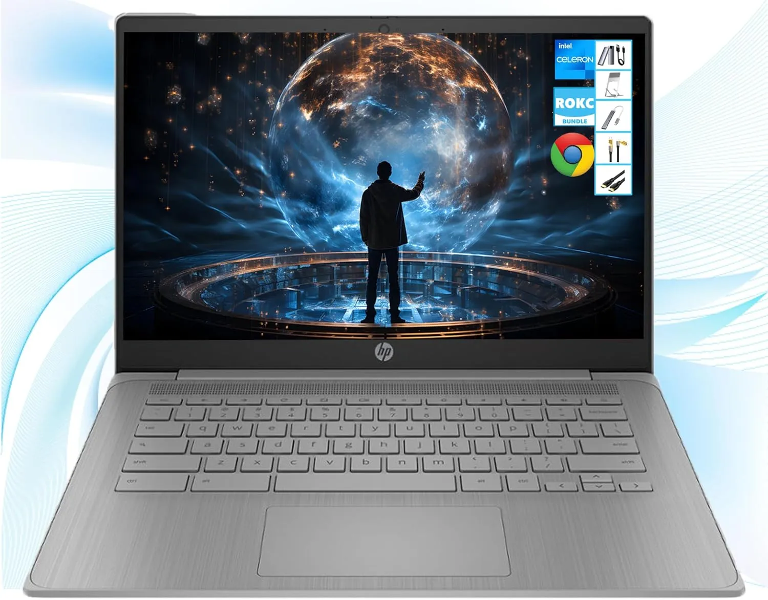 HP Chromebook with Gemini-AI Chrome OS | 14" HD Screen | 4GB RAM | 64GB eMMC & 64GB Card & 128GB Portable SSD | Intel Celeron CPU | Webcam | USB-C | Wi-Fi | Ultra Light | Long Battery Life| RK Bundle
