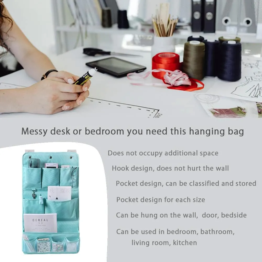 HSLFUAI Hanging Storage Bag for Bathroom, Behind Door, Bedroom, Washing Table Storage, Over The Door Storage Organizer with 3 Sticky Wall Hooks (3Layer, Blue)