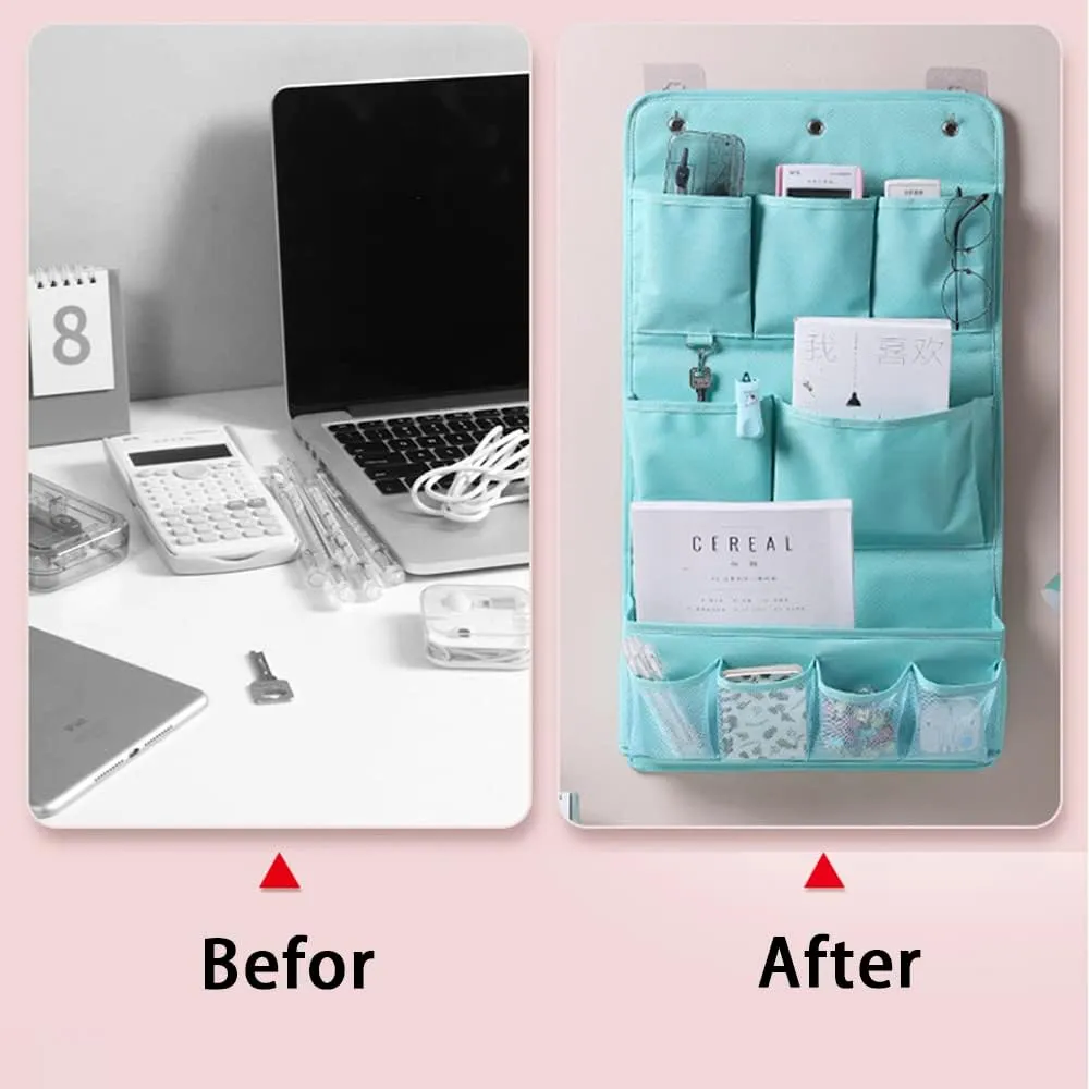 HSLFUAI Hanging Storage Bag for Bathroom, Behind Door, Bedroom, Washing Table Storage, Over The Door Storage Organizer with 3 Sticky Wall Hooks (3Layer, Blue)