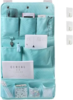 HSLFUAI Hanging Storage Bag for Bathroom, Behind Door, Bedroom, Washing Table Storage, Over The Door Storage Organizer with 3 Sticky Wall Hooks (3Layer, Blue)