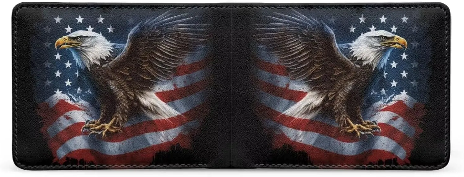 HUIACONG American Flag Eagle Leather Wallet for Men Teen Boys Clutch Smart Lightweight Small Cards Holder Cash Organizer Foldable Clutch Coin Purse Portable Bag Cool Animal Print