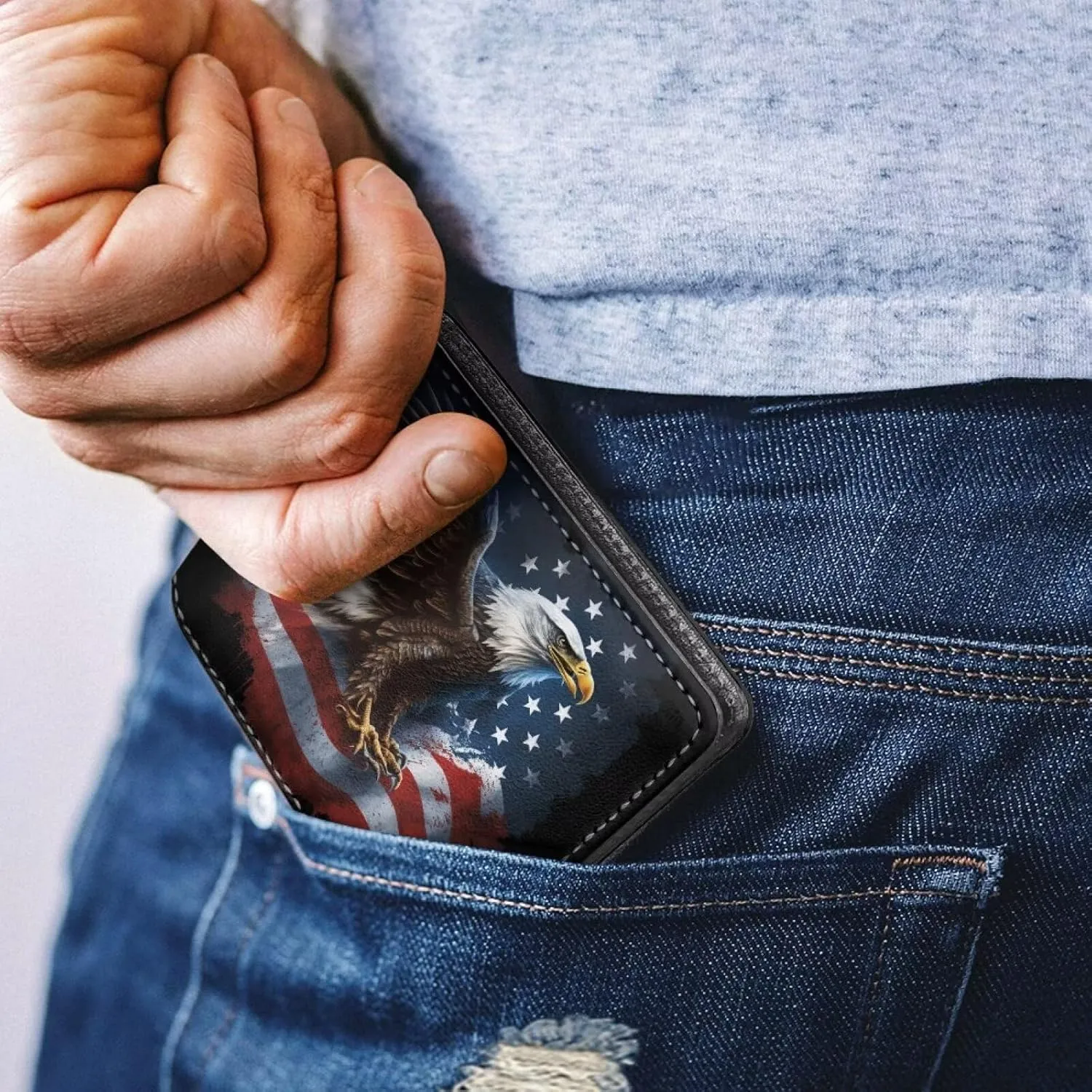 HUIACONG American Flag Eagle Leather Wallet for Men Teen Boys Clutch Smart Lightweight Small Cards Holder Cash Organizer Foldable Clutch Coin Purse Portable Bag Cool Animal Print