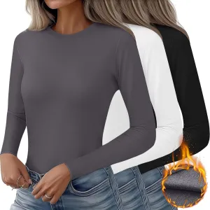 Huukeay 3 Pack Women's Thermal Shirts Long Sleeve De Velvet Lined Underwear Tops Crew Neck Slim Fit Basic Base Layer Tee