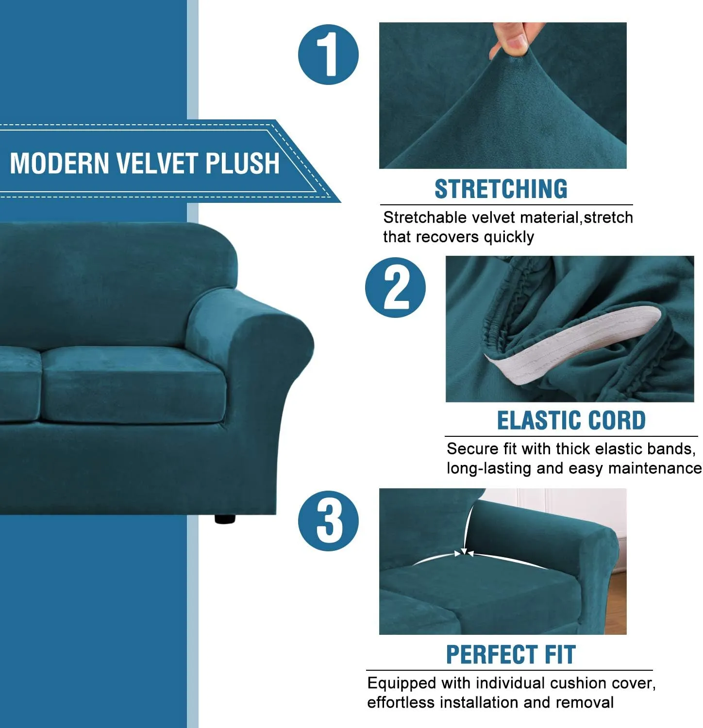 H.VERSAILTEX Modern Velvet Plush 4 Piece High Stretch Sofa Slipcover Sofa Cover Furniture Protector Form Fit Luxury Thick Velvet Sofa Cover for 3 Cushion Couch Width Up to 90 Inch (Sofa,Deep Teal)
