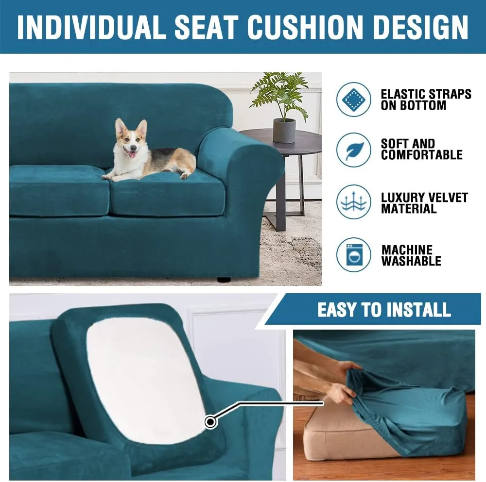 H.VERSAILTEX Modern Velvet Plush 4 Piece High Stretch Sofa Slipcover Sofa Cover Furniture Protector Form Fit Luxury Thick Velvet Sofa Cover for 3 Cushion Couch Width Up to 90 Inch (Sofa,Deep Teal)