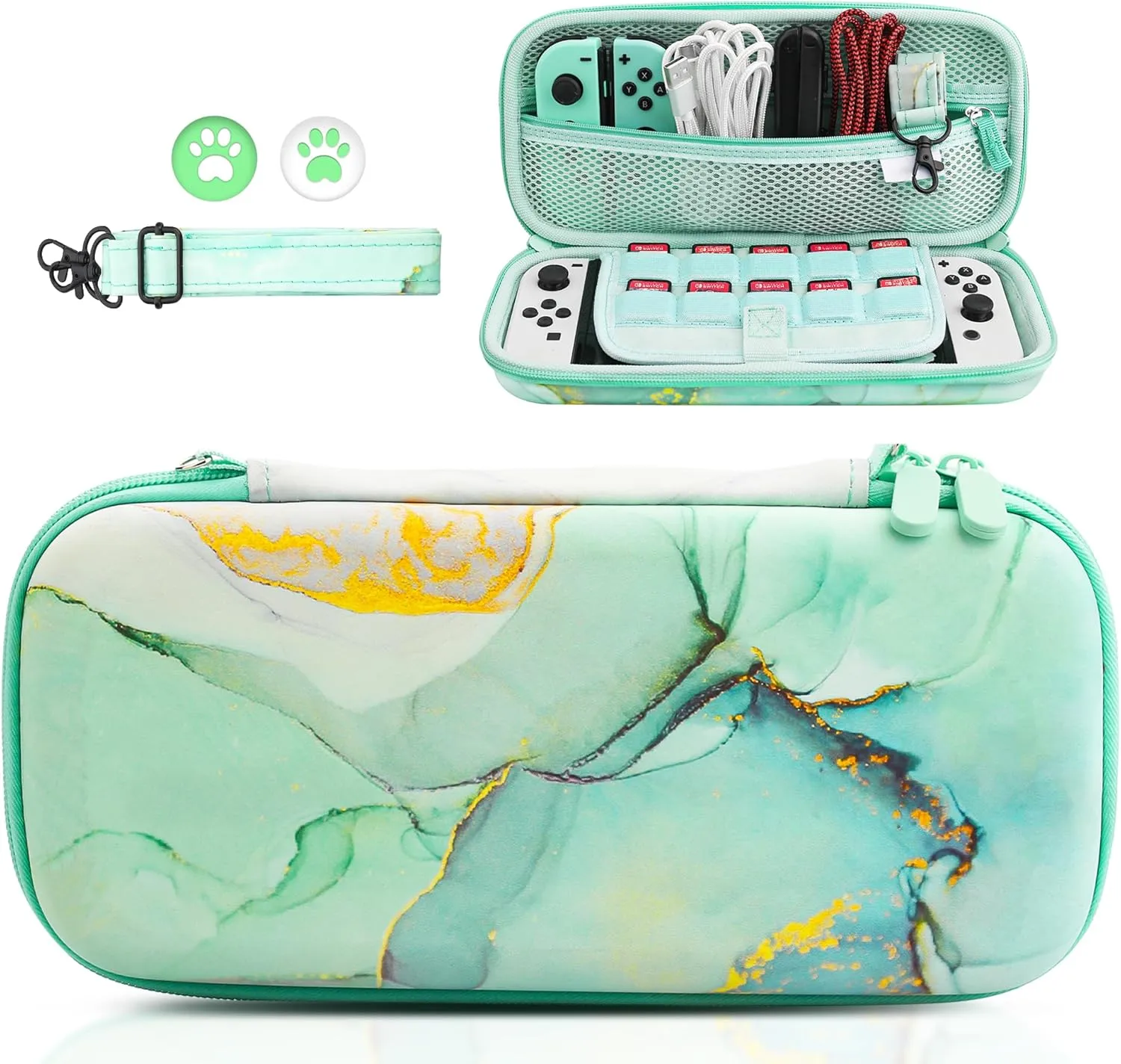 HYPERCASE Green Marble NS/OLED Switch Carrying Case Accessories Storage, Portable Travel Bag for Switch Console & Accessories with 10 Game Card Slots, Adjustable Shoulder Strap & 2 Cute Thumb Caps
