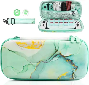 HYPERCASE Green Marble NS/OLED Switch Carrying Case Accessories Storage, Portable Travel Bag for Switch Console & Accessories with 10 Game Card Slots, Adjustable Shoulder Strap & 2 Cute Thumb Caps