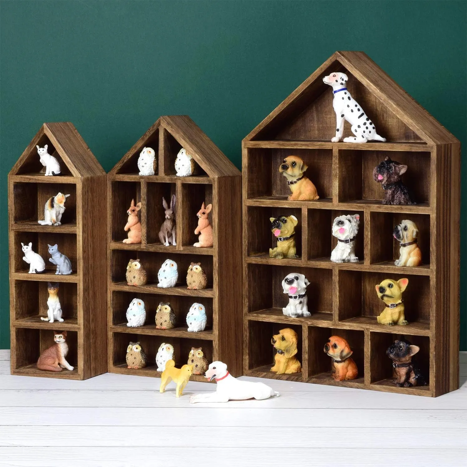 Ikee Design House-Shaped Wooden Shadow Cubby Box Display Shelf Organizer Storage Shadow Box for Mini Figures, Set of 3, Brown Color, 10 W x 2 1/4 D x 15 H in