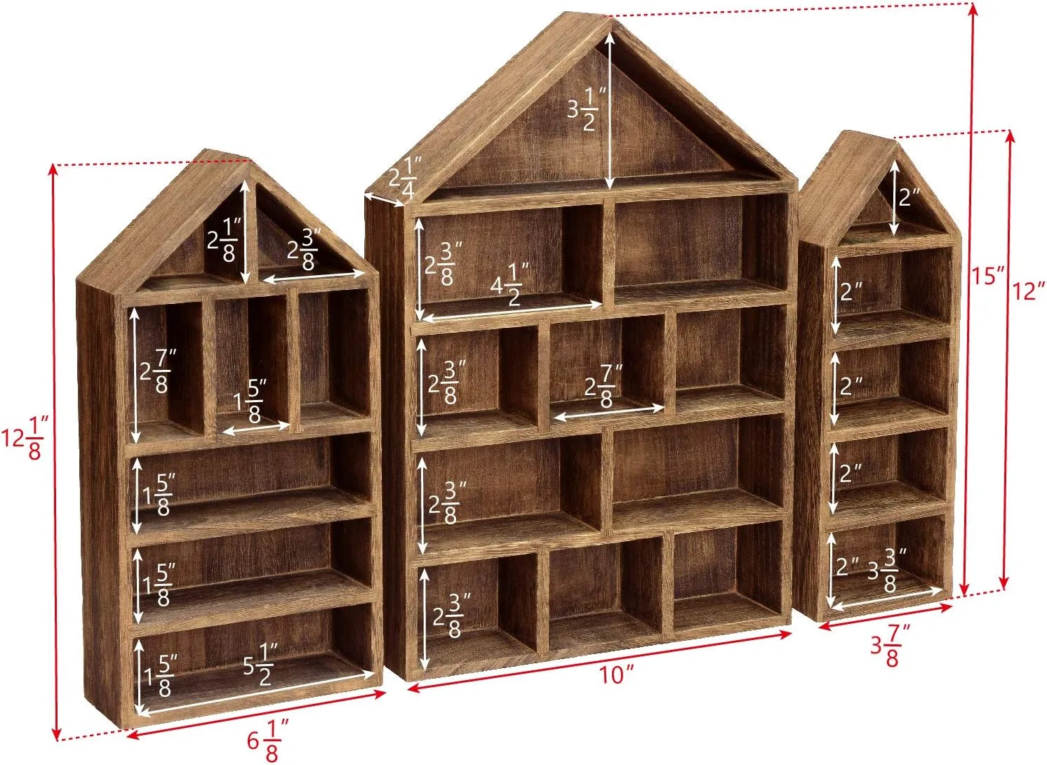 Ikee Design House-Shaped Wooden Shadow Cubby Box Display Shelf Organizer Storage Shadow Box for Mini Figures, Set of 3, Brown Color, 10 W x 2 1/4 D x 15 H in