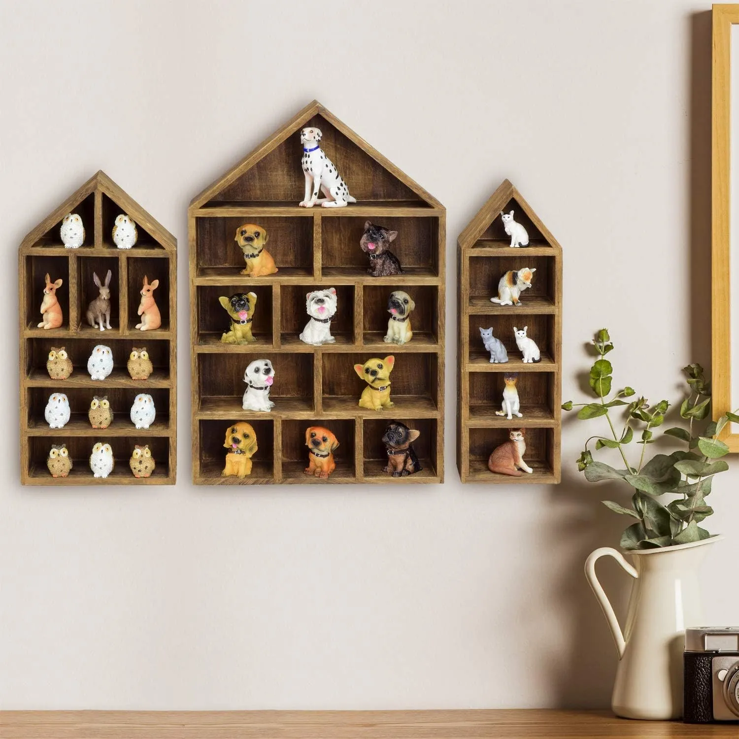 Ikee Design House-Shaped Wooden Shadow Cubby Box Display Shelf Organizer Storage Shadow Box for Mini Figures, Set of 3, Brown Color, 10 W x 2 1/4 D x 15 H in