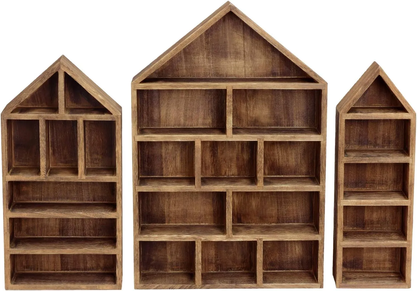 Ikee Design House-Shaped Wooden Shadow Cubby Box Display Shelf Organizer Storage Shadow Box for Mini Figures, Set of 3, Brown Color, 10 W x 2 1/4 D x 15 H in