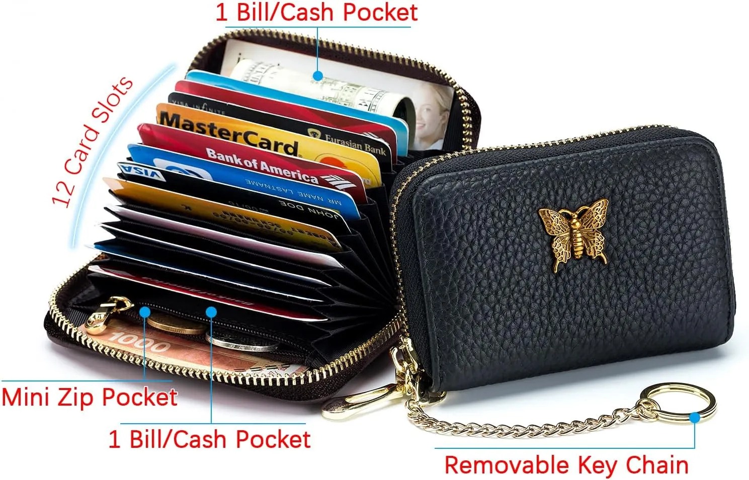imeetu RFID Credit Card Holder for Women Genuine Leather Card Case Wallet with Zipper and Removable Keychain (Cobalt Blue)