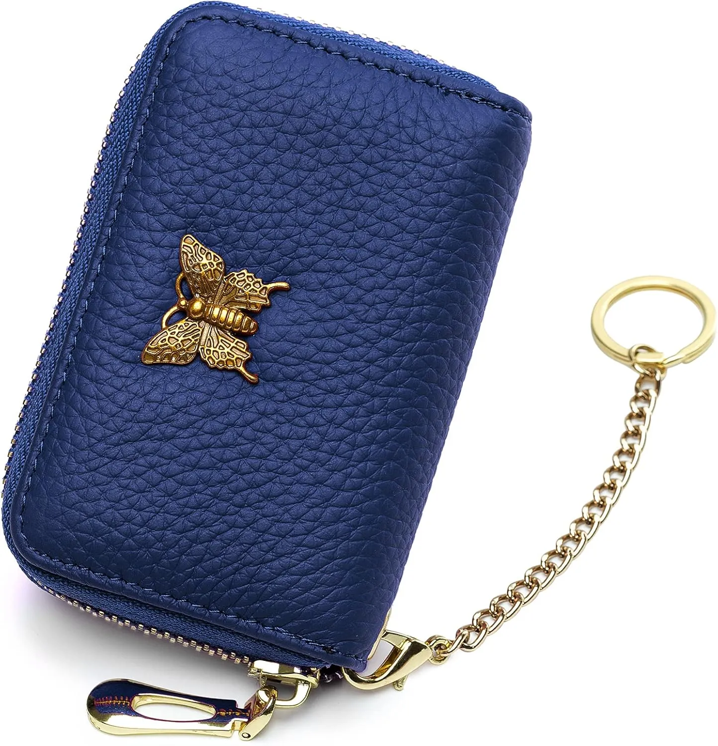 imeetu RFID Credit Card Holder for Women Genuine Leather Card Case Wallet with Zipper and Removable Keychain (Cobalt Blue)