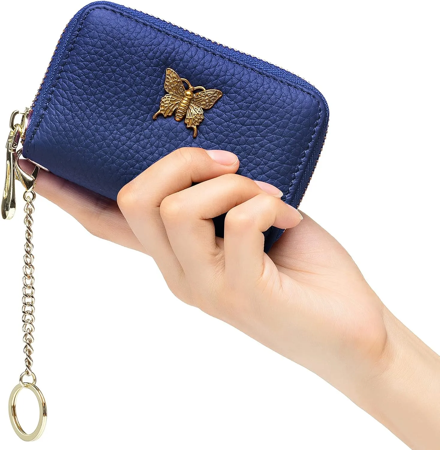 imeetu RFID Credit Card Holder for Women Genuine Leather Card Case Wallet with Zipper and Removable Keychain (Cobalt Blue)
