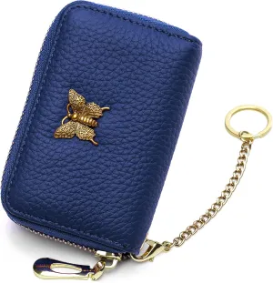 imeetu RFID Credit Card Holder for Women Genuine Leather Card Case Wallet with Zipper and Removable Keychain (Cobalt Blue)