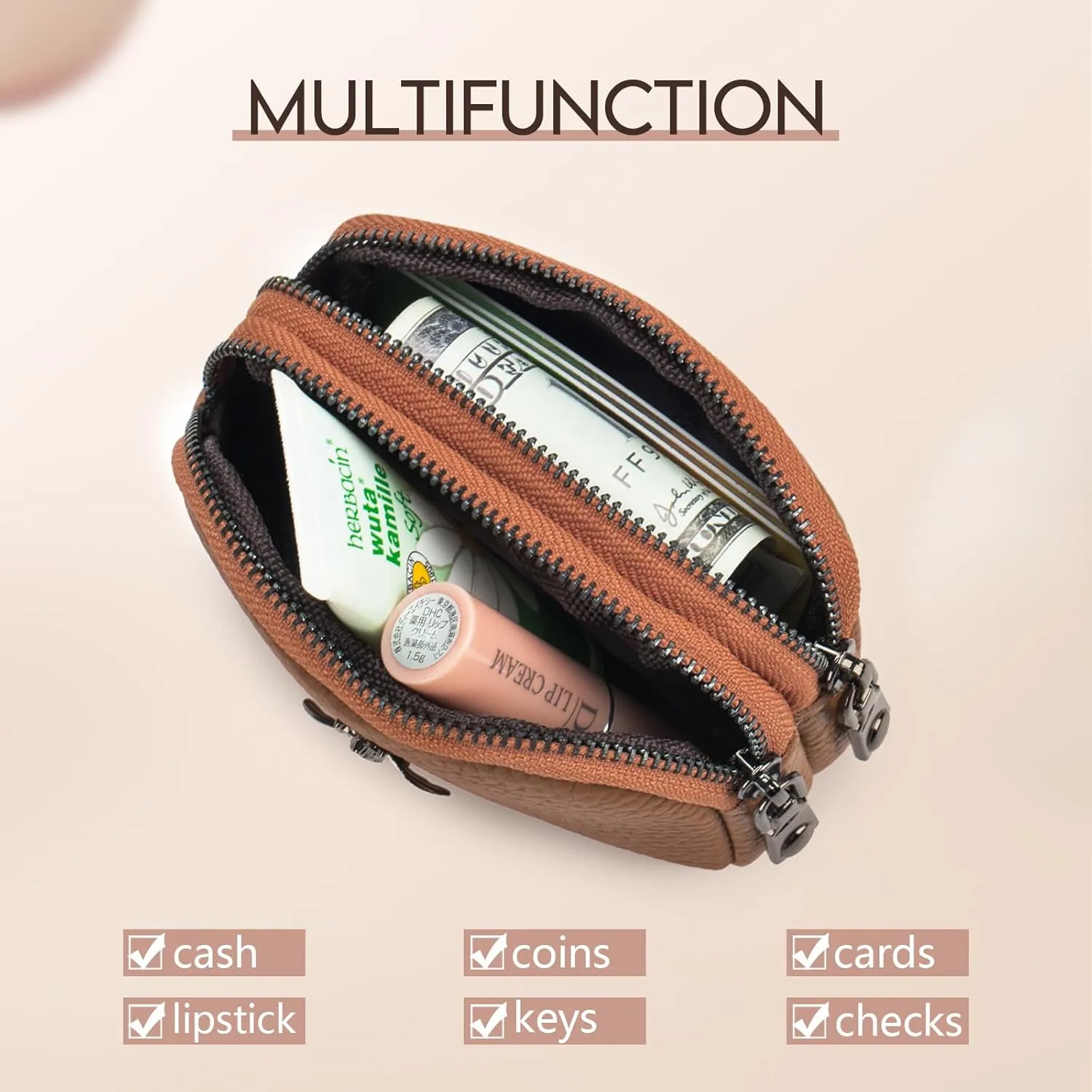 imeetu Women Leather Coin Purse, Small 2 Zippered Change Pouch Wallet