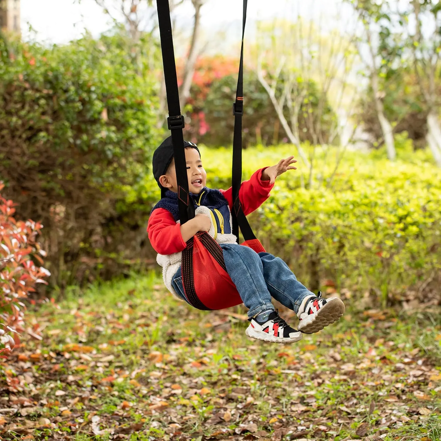 Indoor and Outdoor Patio Playground Kids Fun Hanging Mesh Fabric Tree Swing with Adjustable Strap (Red)