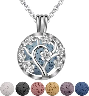 INFUSEU Sakura Tree Aromatherapy Necklace, Essential Oils Diffuser Locket Pendant with 7 PCS Lava Rock Stones and 24" Link Chain