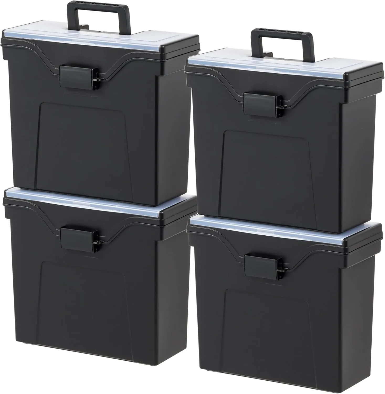 IRIS USA File Box Slim with Lid File Organizer for Letter File w/ Organizer-Lid, Water Resistant Document Box, Plastic Mobile Filing Organizer, Secure Buckle, Portable Handle, Lockable, Black 4 Pack