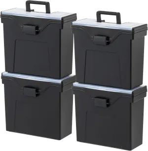 IRIS USA File Box Slim with Lid File Organizer for Letter File w/ Organizer-Lid, Water Resistant Document Box, Plastic Mobile Filing Organizer, Secure Buckle, Portable Handle, Lockable, Black 4 Pack