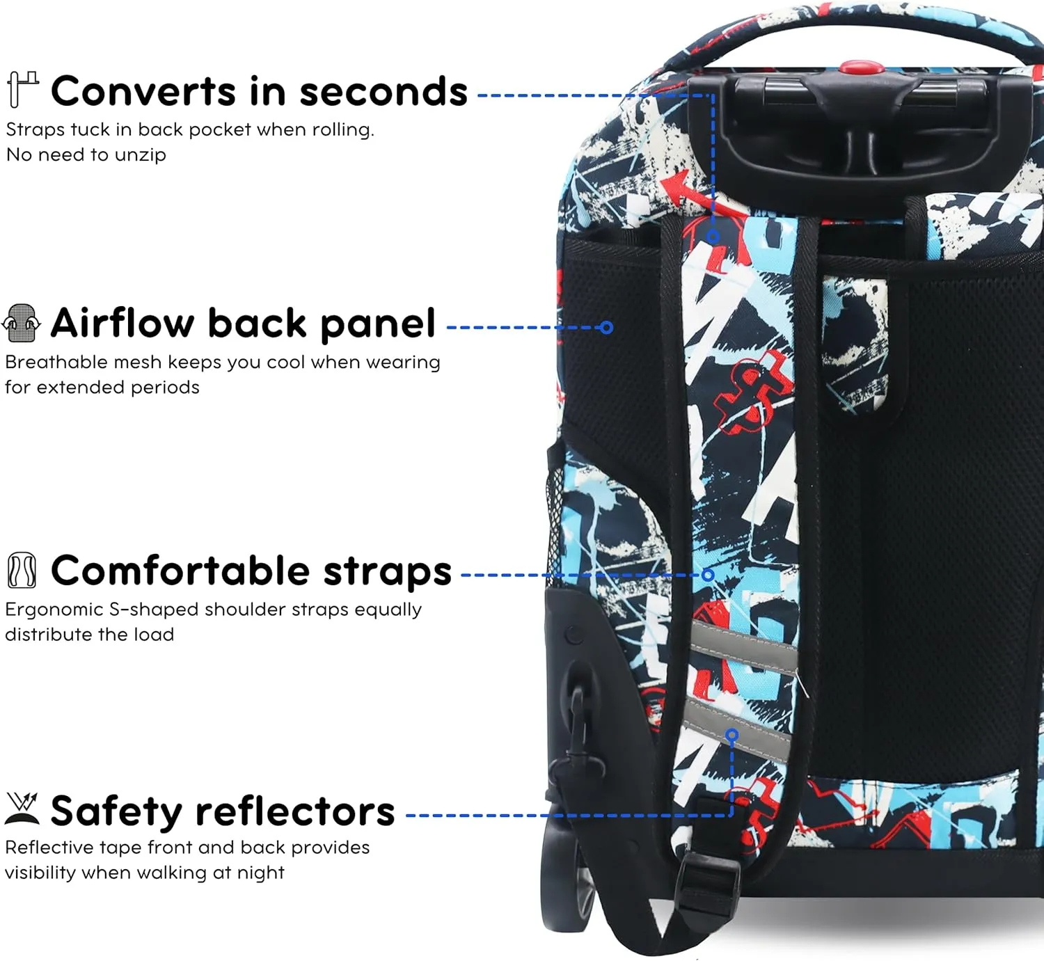 J World New York Sunrise Kids Rolling Backpack for Girls Boys Teen. Roller Bookbag with Wheels, Graffiti, 18"