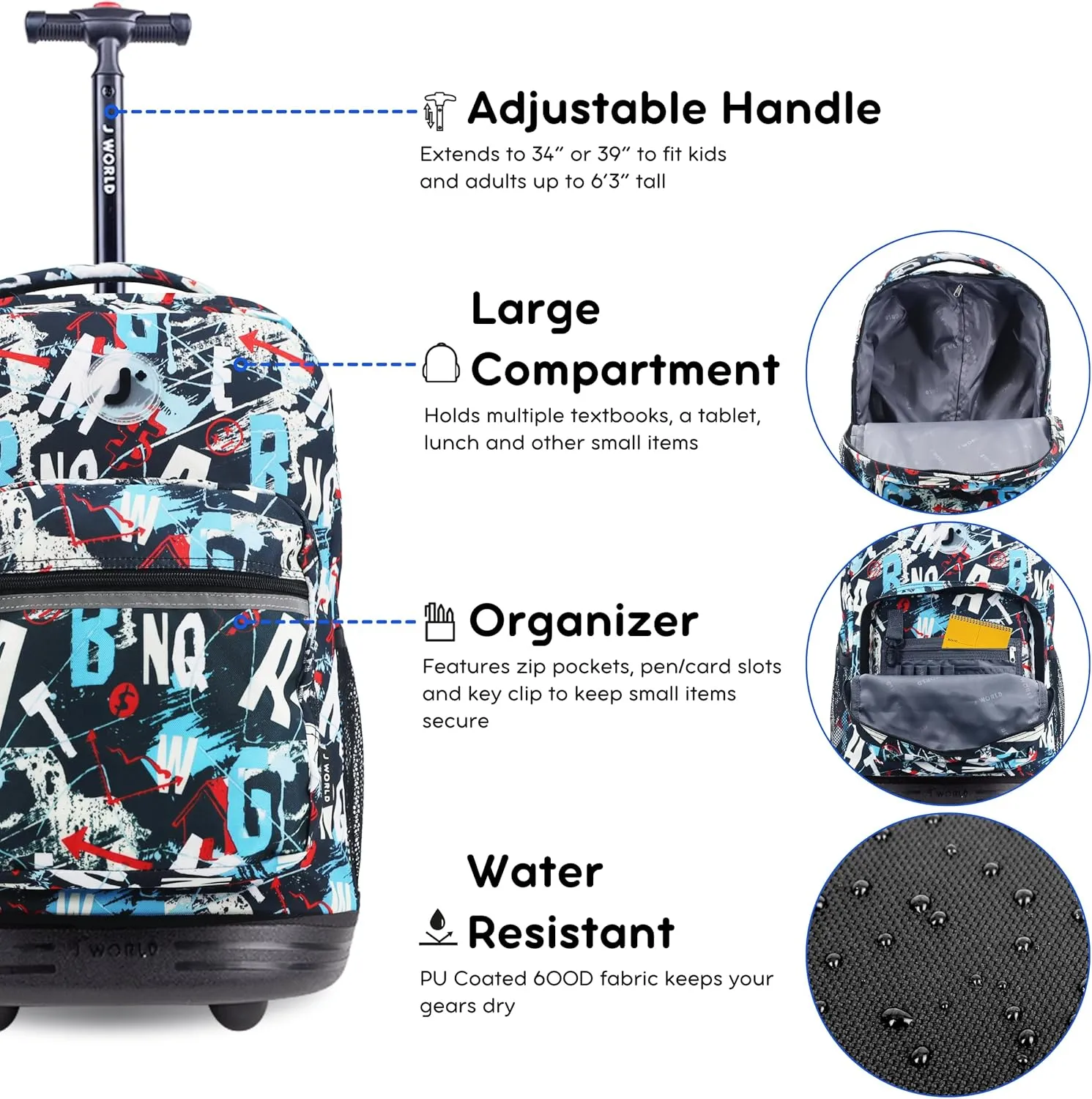 J World New York Sunrise Kids Rolling Backpack for Girls Boys Teen. Roller Bookbag with Wheels, Graffiti, 18"