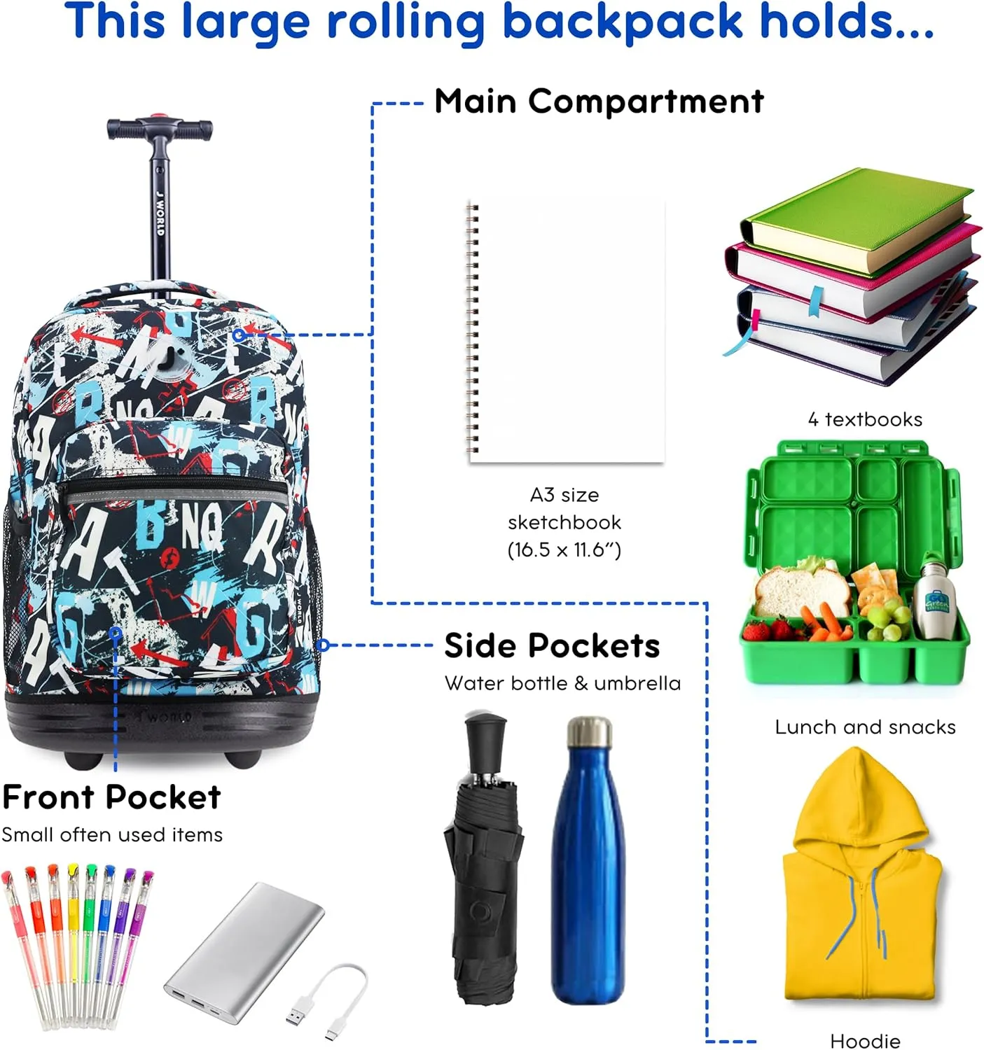 J World New York Sunrise Kids Rolling Backpack for Girls Boys Teen. Roller Bookbag with Wheels, Graffiti, 18"