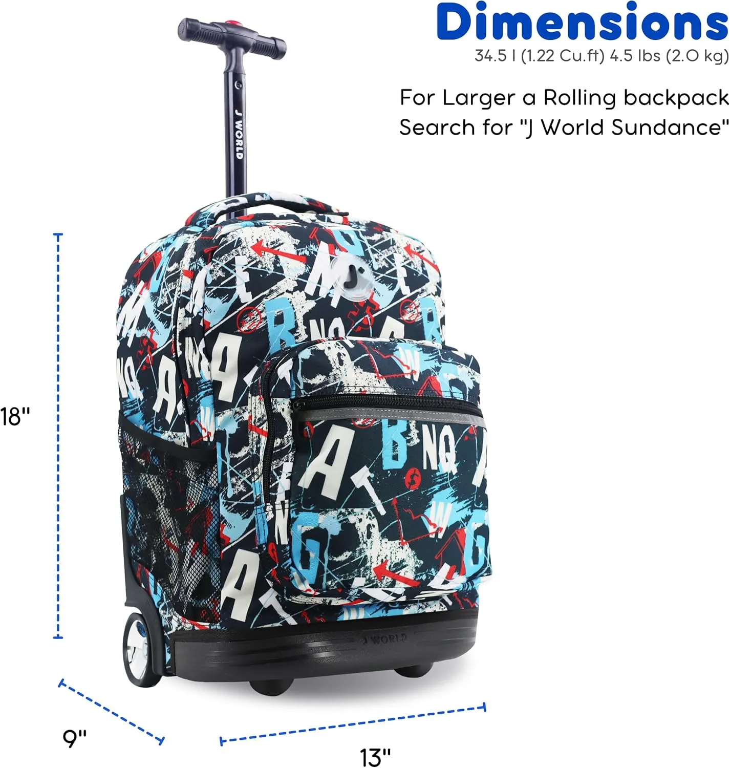 J World New York Sunrise Kids Rolling Backpack for Girls Boys Teen. Roller Bookbag with Wheels, Graffiti, 18"