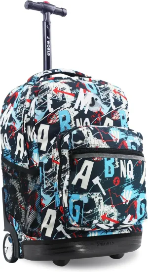 J World New York Sunrise Kids Rolling Backpack for Girls Boys Teen. Roller Bookbag with Wheels, Graffiti, 18"