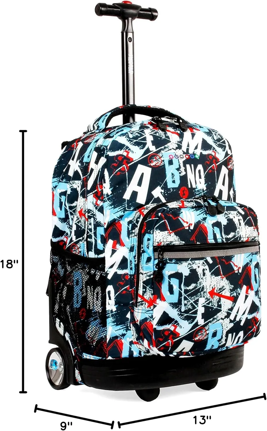 J World New York Sunrise Kids Rolling Backpack for Girls Boys Teen. Roller Bookbag with Wheels, Graffiti, 18"