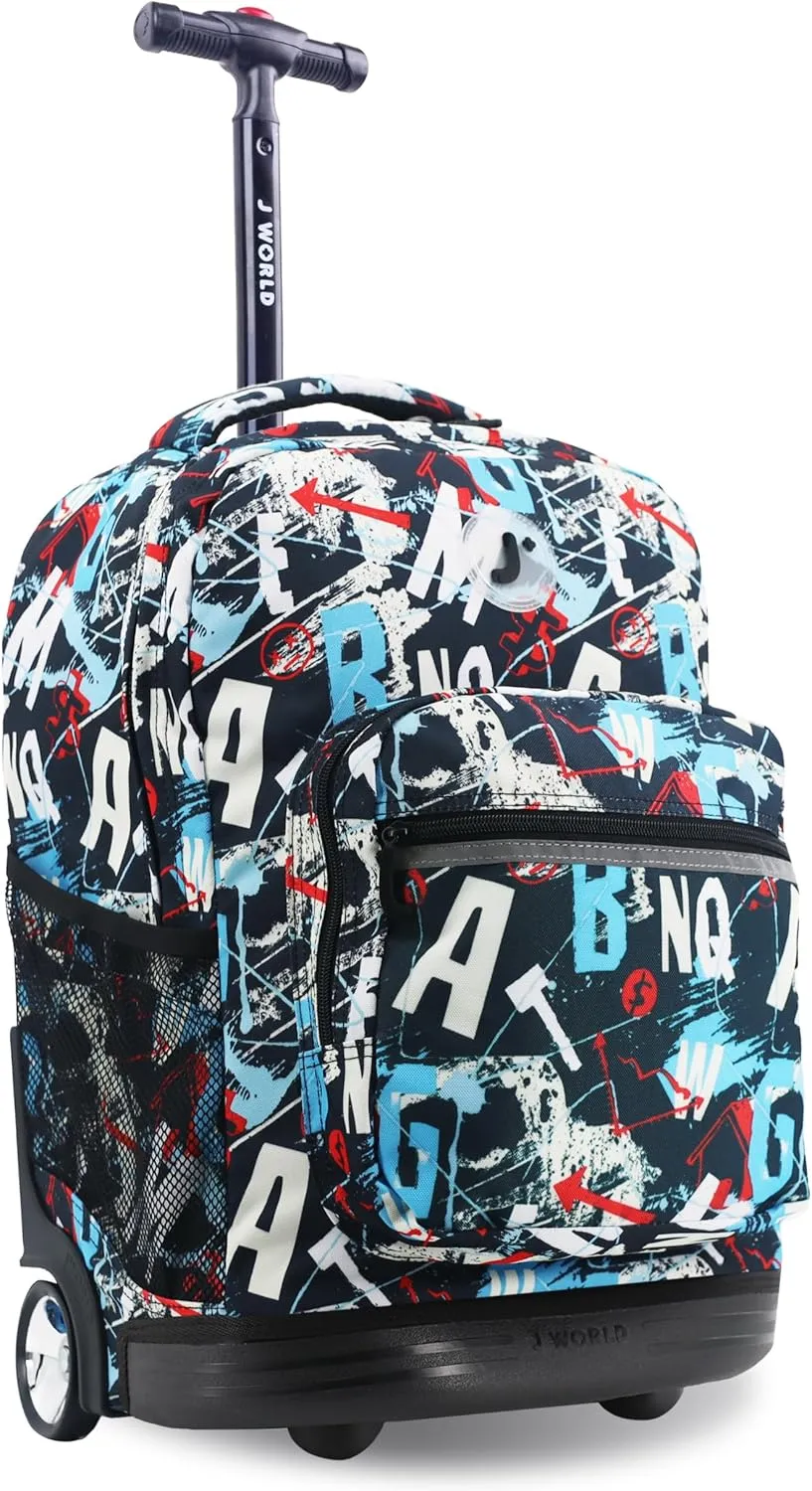 J World New York Sunrise Kids Rolling Backpack for Girls Boys Teen. Roller Bookbag with Wheels, Graffiti, 18"