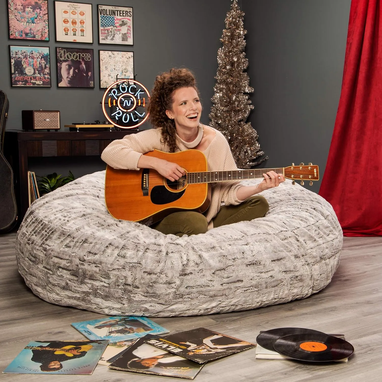 Jaxx 6 Foot Cocoon - 2-in-1 Convertible Bean Bag Bed & Large Bean Bag Chair for Adults, Premium Luxe Faux Fur - Silver Fox