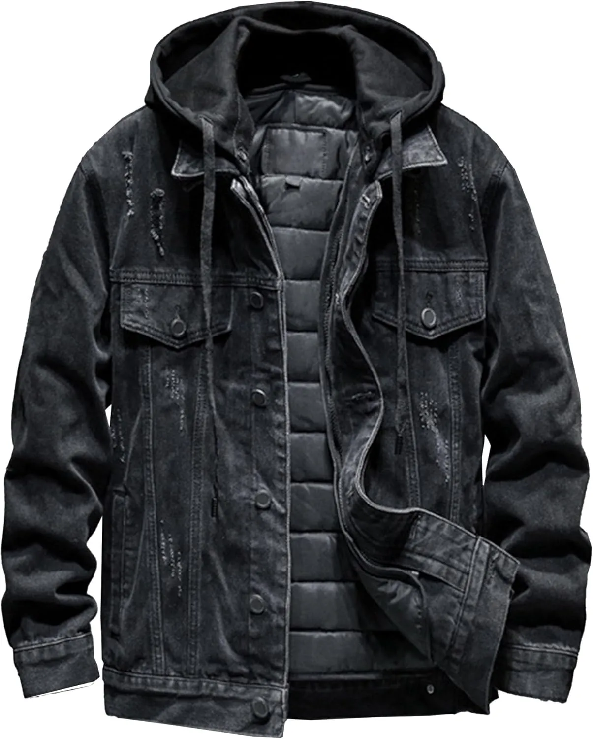 JEKE-DG Men's Distressed Denim Hoodie Jacket Button Up Washed Casual Jean Coat Long Sleeve Trucker Hooded Jackets