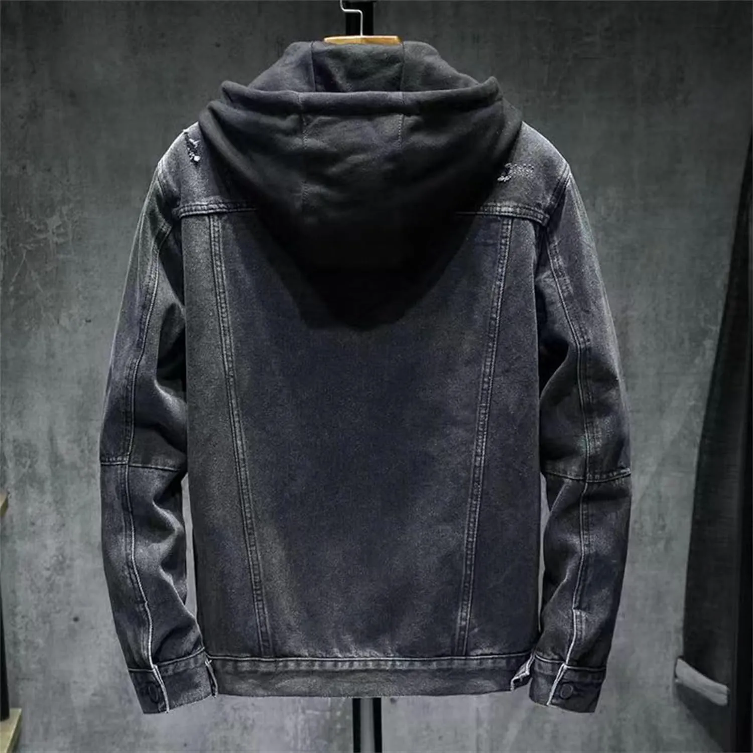 JEKE-DG Men's Distressed Denim Hoodie Jacket Button Up Washed Casual Jean Coat Long Sleeve Trucker Hooded Jackets