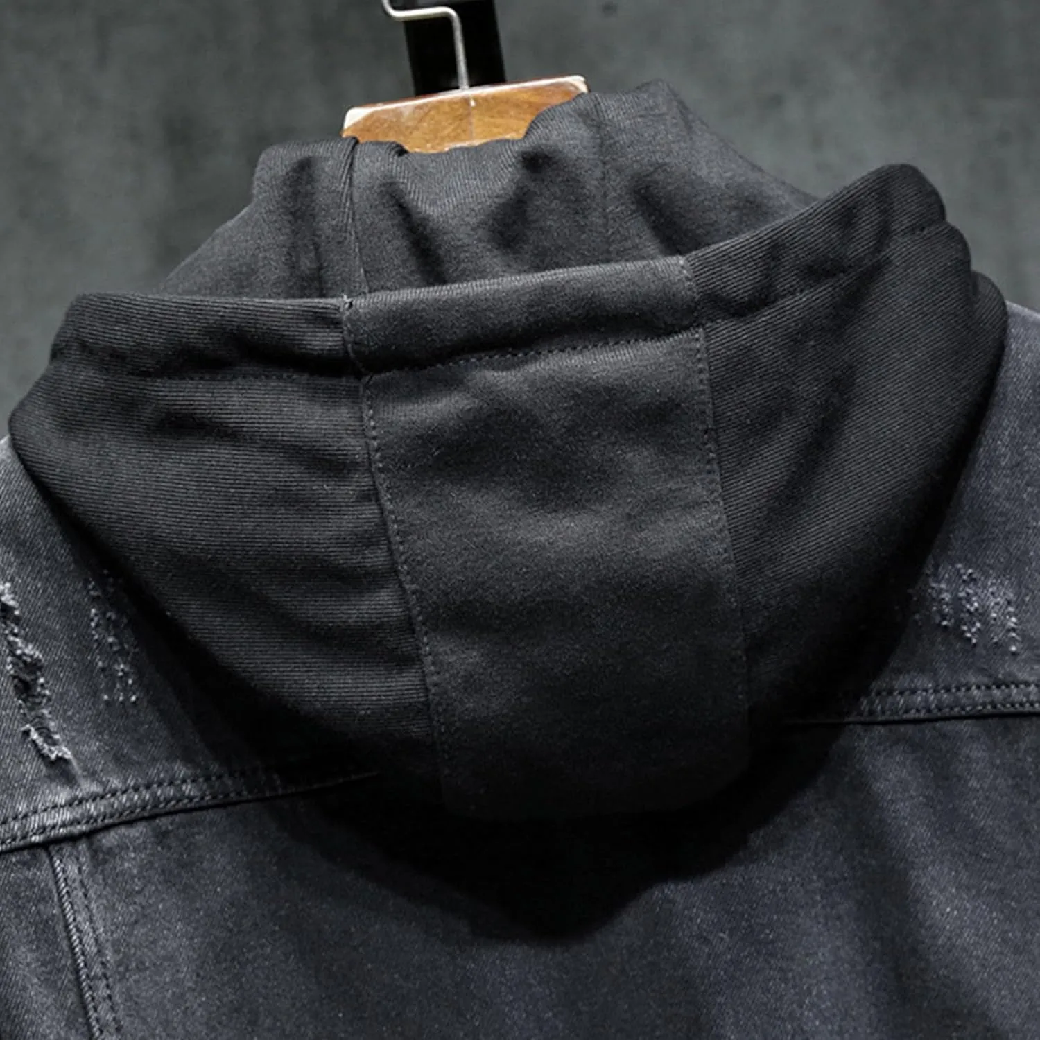 JEKE-DG Men's Distressed Denim Hoodie Jacket Button Up Washed Casual Jean Coat Long Sleeve Trucker Hooded Jackets