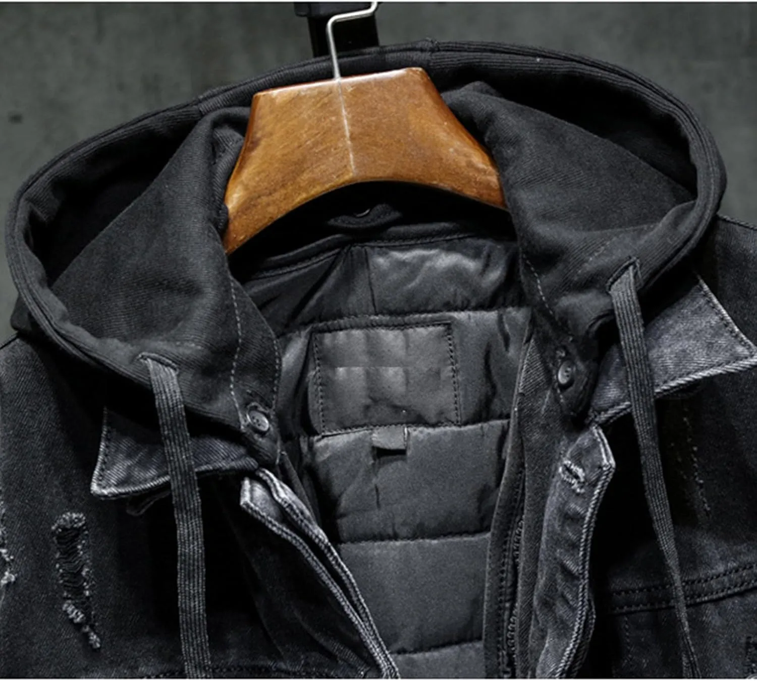 JEKE-DG Men's Distressed Denim Hoodie Jacket Button Up Washed Casual Jean Coat Long Sleeve Trucker Hooded Jackets