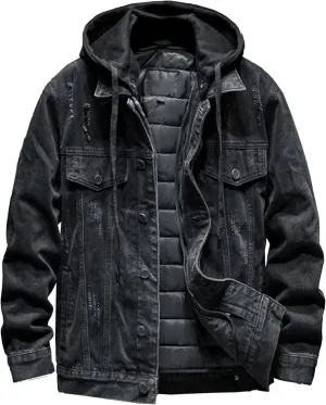 JEKE-DG Men's Distressed Denim Hoodie Jacket Button Up Washed Casual Jean Coat Long Sleeve Trucker Hooded Jackets