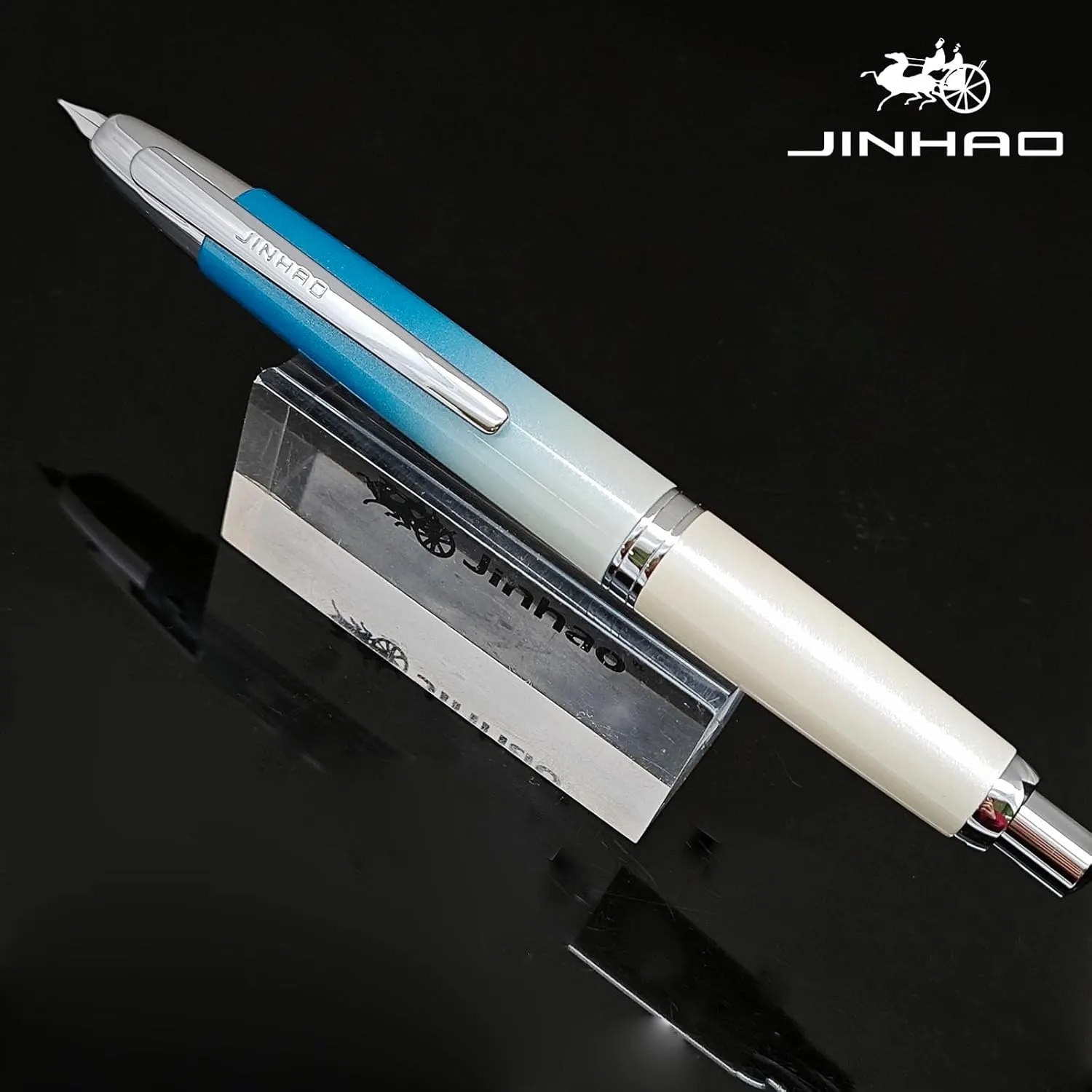 JH10 Press Fountain Pen Fine Nib with Velvet bag, Retractable Blue Metal Ink Pen with Converter Writing (Gradient Blue-F nib)
