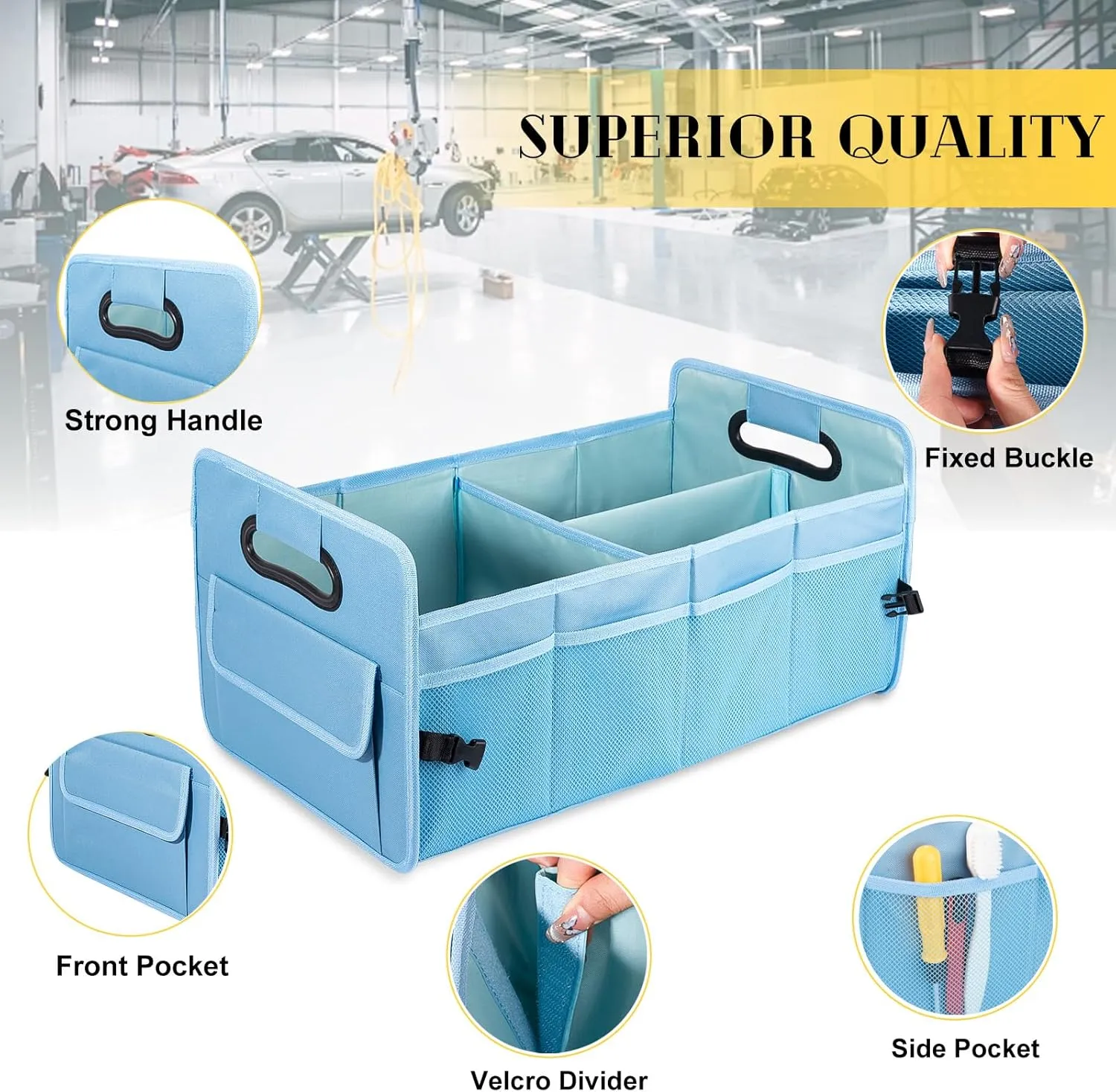 JiatuA Car Trunk Organizers and Storage Collapsible Multi Compartment Container Box, Adjustable Car Accessories for SUV Sedan Truck, Large Size, Light Blue