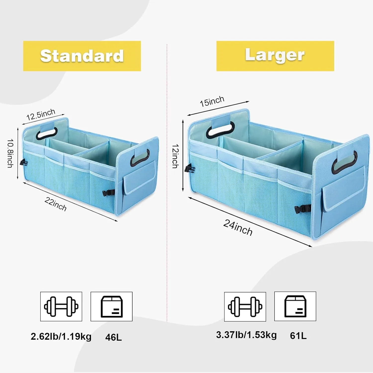 JiatuA Car Trunk Organizers and Storage Collapsible Multi Compartment Container Box, Adjustable Car Accessories for SUV Sedan Truck, Large Size, Light Blue