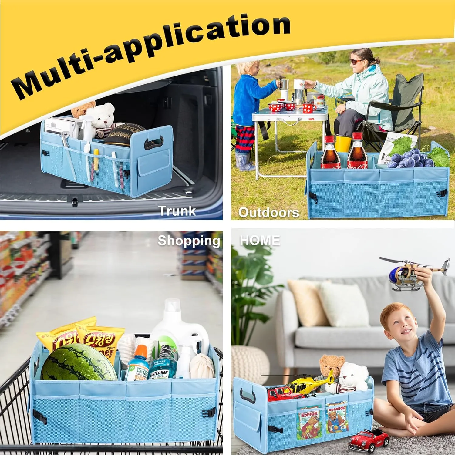 JiatuA Car Trunk Organizers and Storage Collapsible Multi Compartment Container Box, Adjustable Car Accessories for SUV Sedan Truck, Large Size, Light Blue