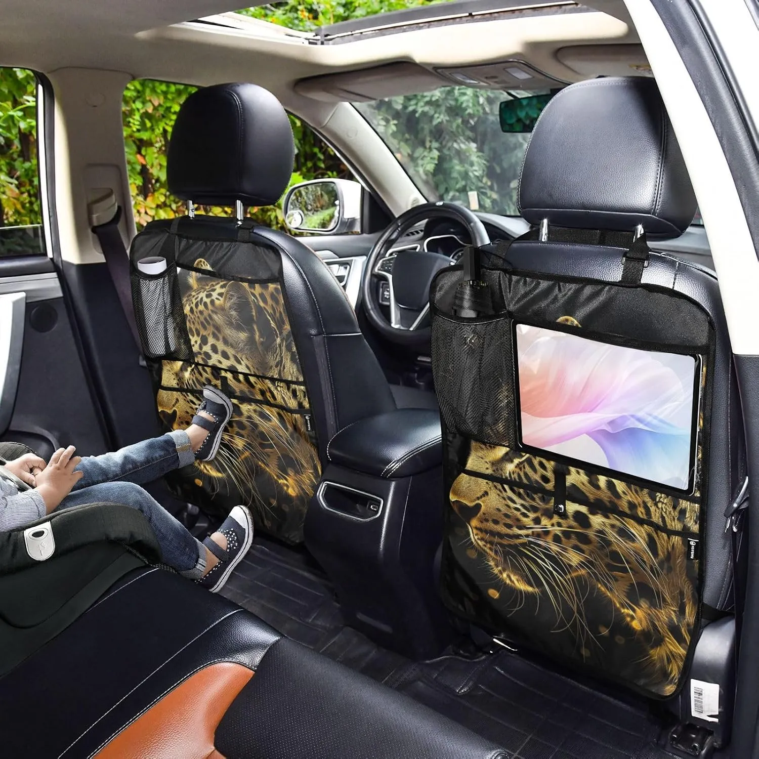 JIPONI Car Backseat Organizer, Gold Leopard Automotive Back Seat Protector, Kick Mats with Storage Pockets for Kids Pets, Road Trip Accessories (2 Pack)