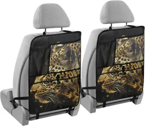 JIPONI Car Backseat Organizer, Gold Leopard Automotive Back Seat Protector, Kick Mats with Storage Pockets for Kids Pets, Road Trip Accessories (2 Pack)
