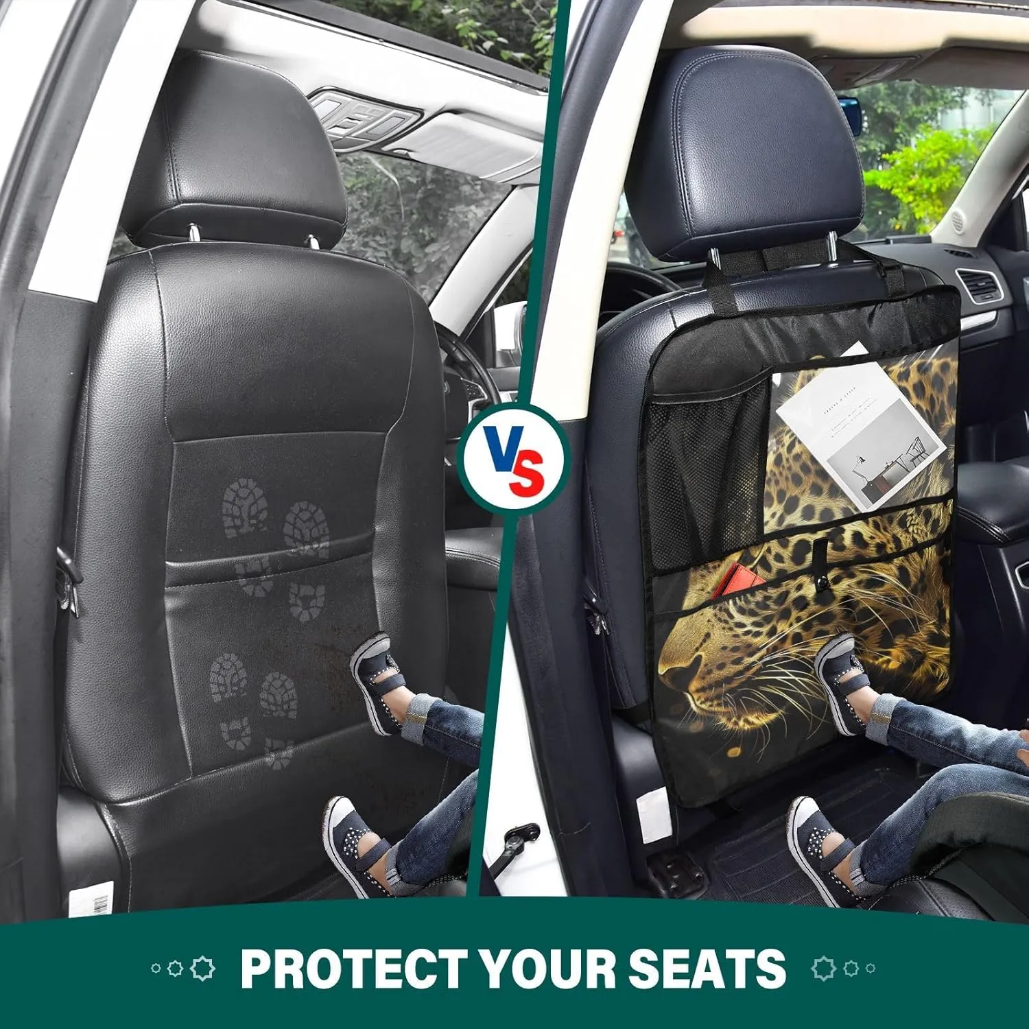 JIPONI Car Backseat Organizer, Gold Leopard Automotive Back Seat Protector, Kick Mats with Storage Pockets for Kids Pets, Road Trip Accessories (2 Pack)