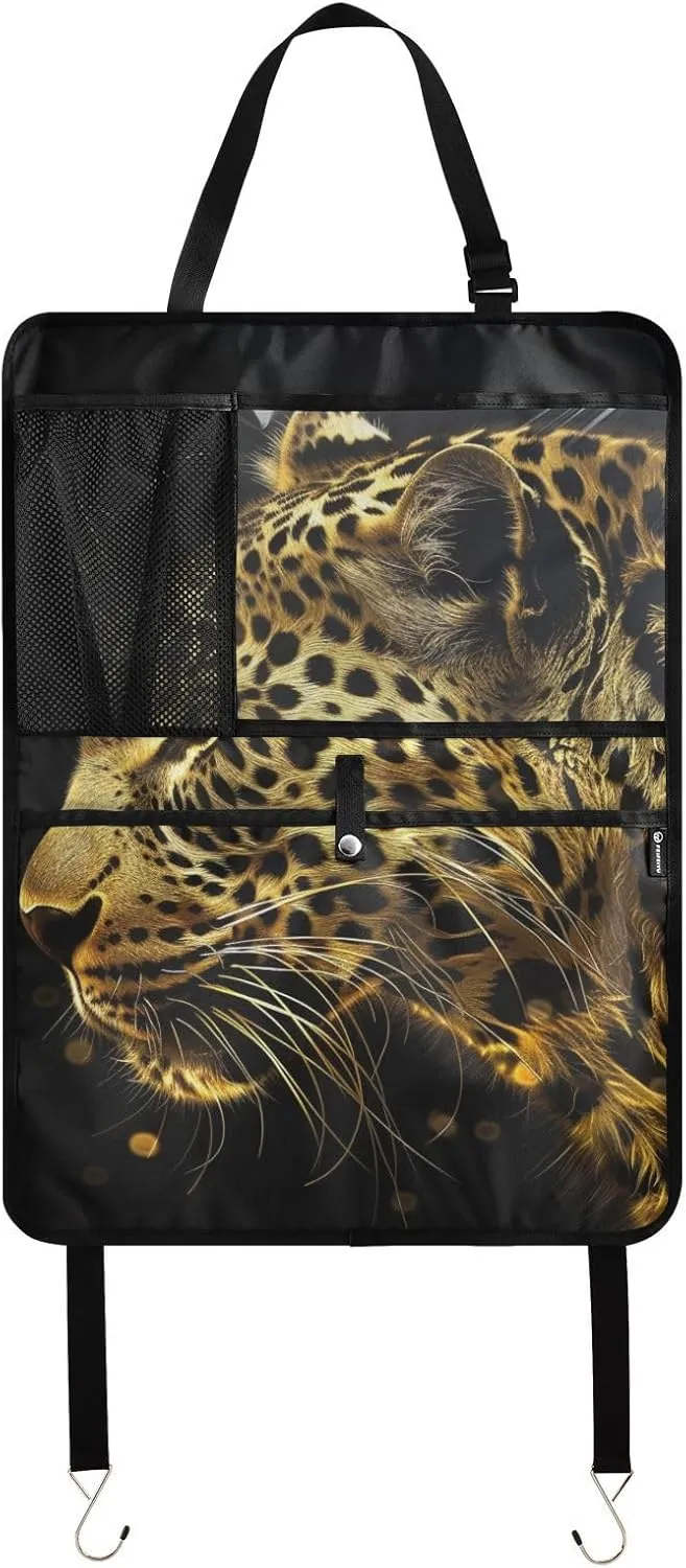 JIPONI Car Backseat Organizer, Gold Leopard Automotive Back Seat Protector, Kick Mats with Storage Pockets for Kids Pets, Road Trip Accessories (2 Pack)