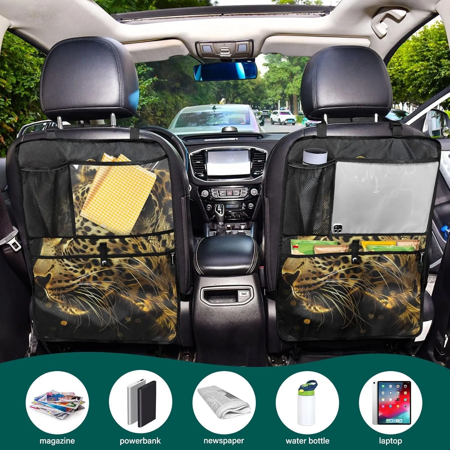 JIPONI Car Backseat Organizer, Gold Leopard Automotive Back Seat Protector, Kick Mats with Storage Pockets for Kids Pets, Road Trip Accessories (2 Pack)