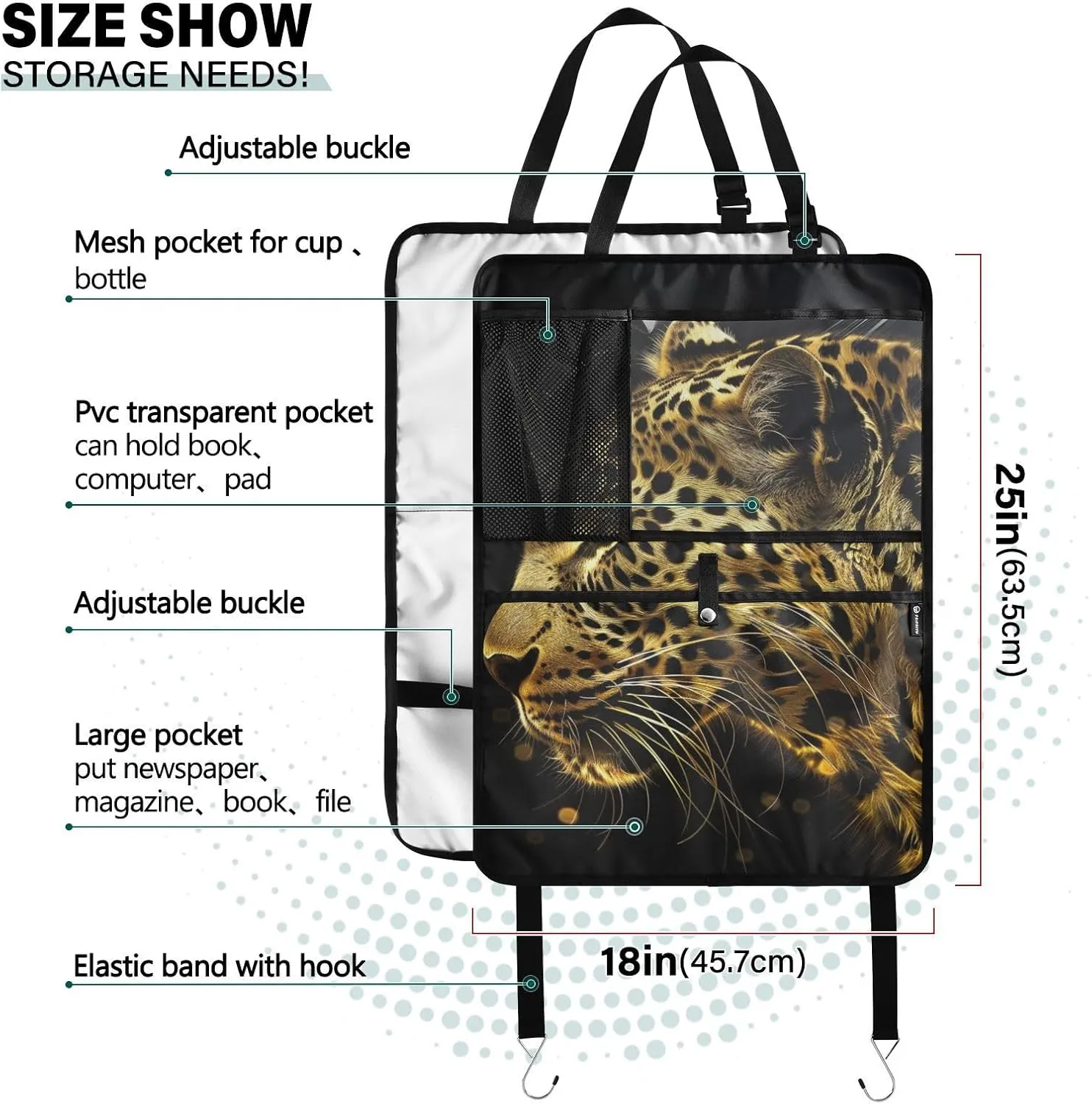 JIPONI Car Backseat Organizer, Gold Leopard Automotive Back Seat Protector, Kick Mats with Storage Pockets for Kids Pets, Road Trip Accessories (2 Pack)