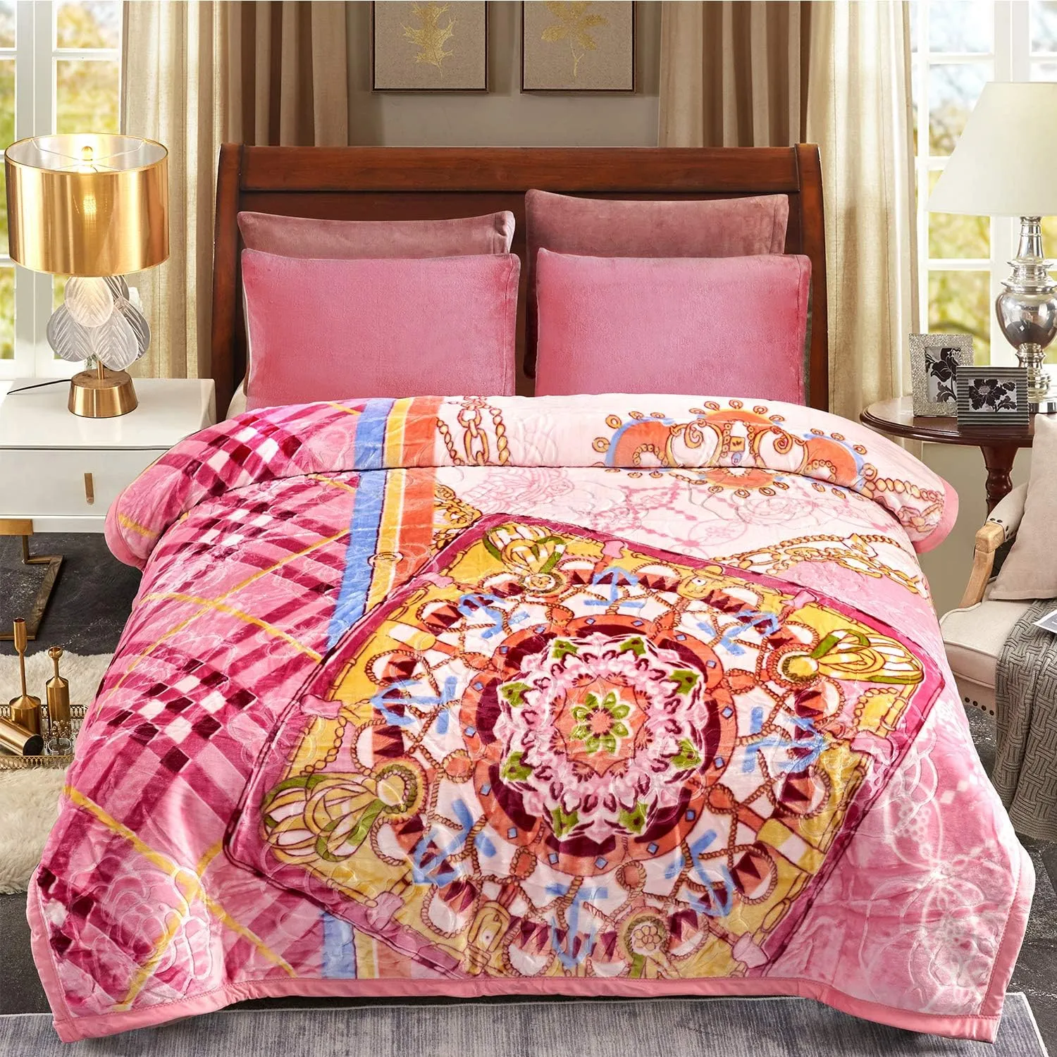JML Plush Raschel Blanket, Korean Mink Blankets - Silky Soft, 2 Ply Printed Fleece Blanket (Pink, Queen)
